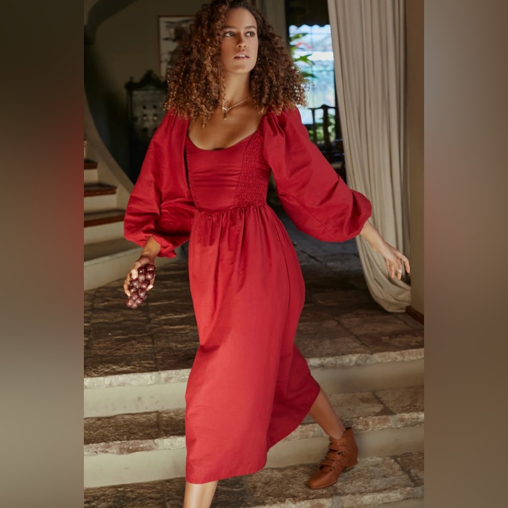 Red Linen Smocked Dress Puff Sleeve